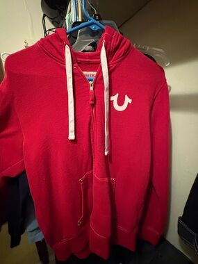 True Religion Red Zip Hoodie with White Drawstrings